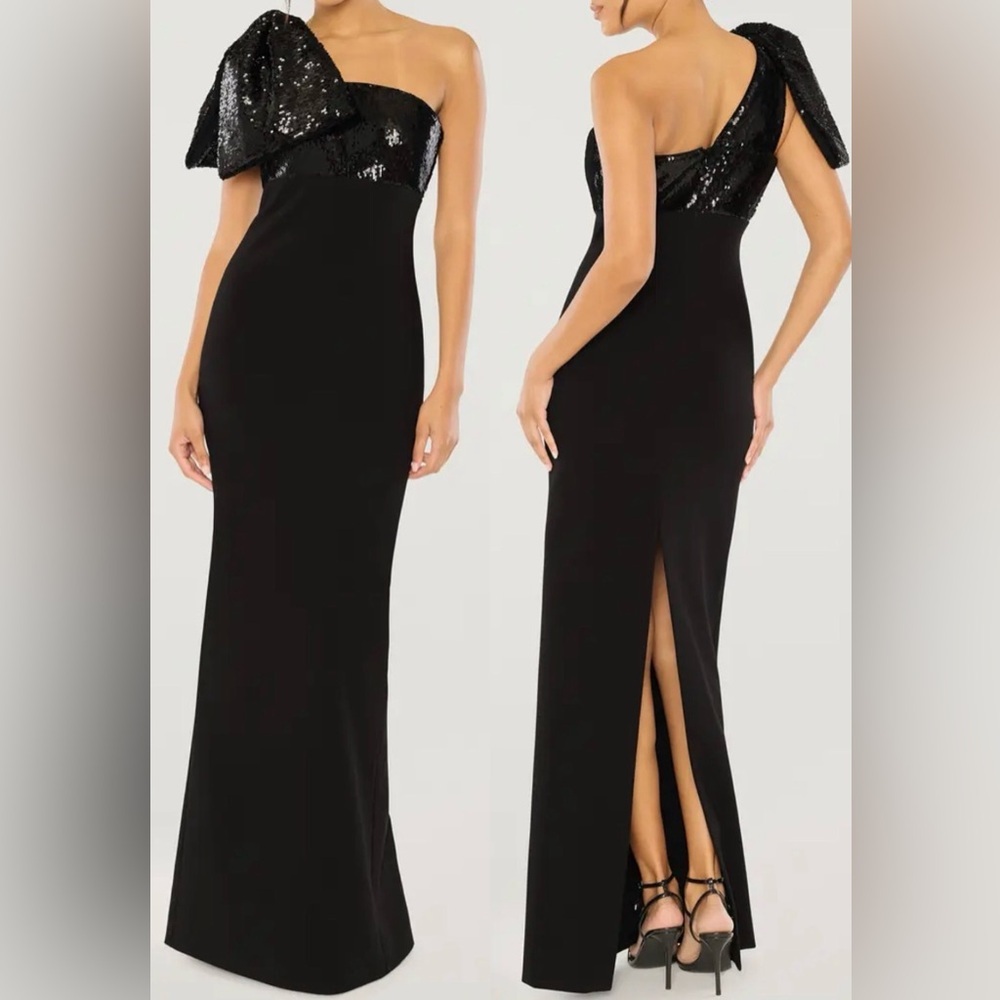 NEW Likely Rora black Sequin Bow One-Shoulder Gown Sz 12